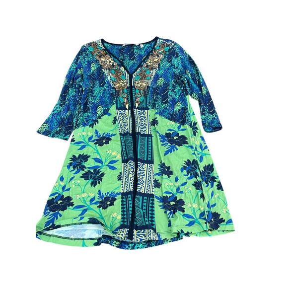 Soft Surroundings Green Blue Floral Sequin Beaded Embroidered Tunic Top Size XS - Picture 2 of 9